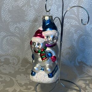 Charming Snowman Duo Ornament with Blue and Pink Highlights